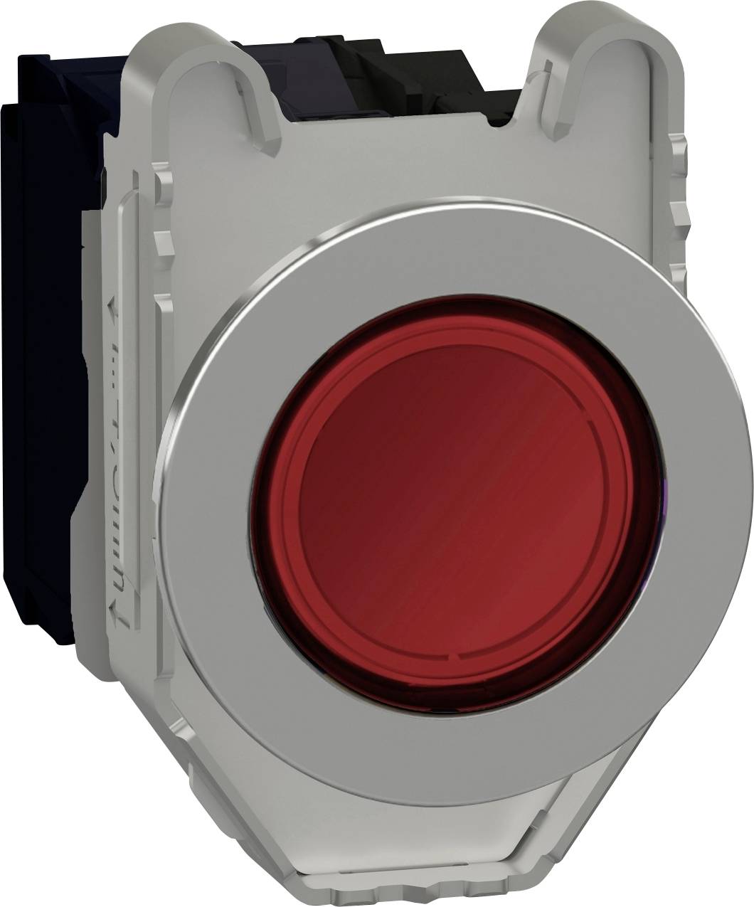 Ein runder roter Druckknopf auf einem metallischen Gehäuse, wahrscheinlich für industrielle oder technische Anwendungen.