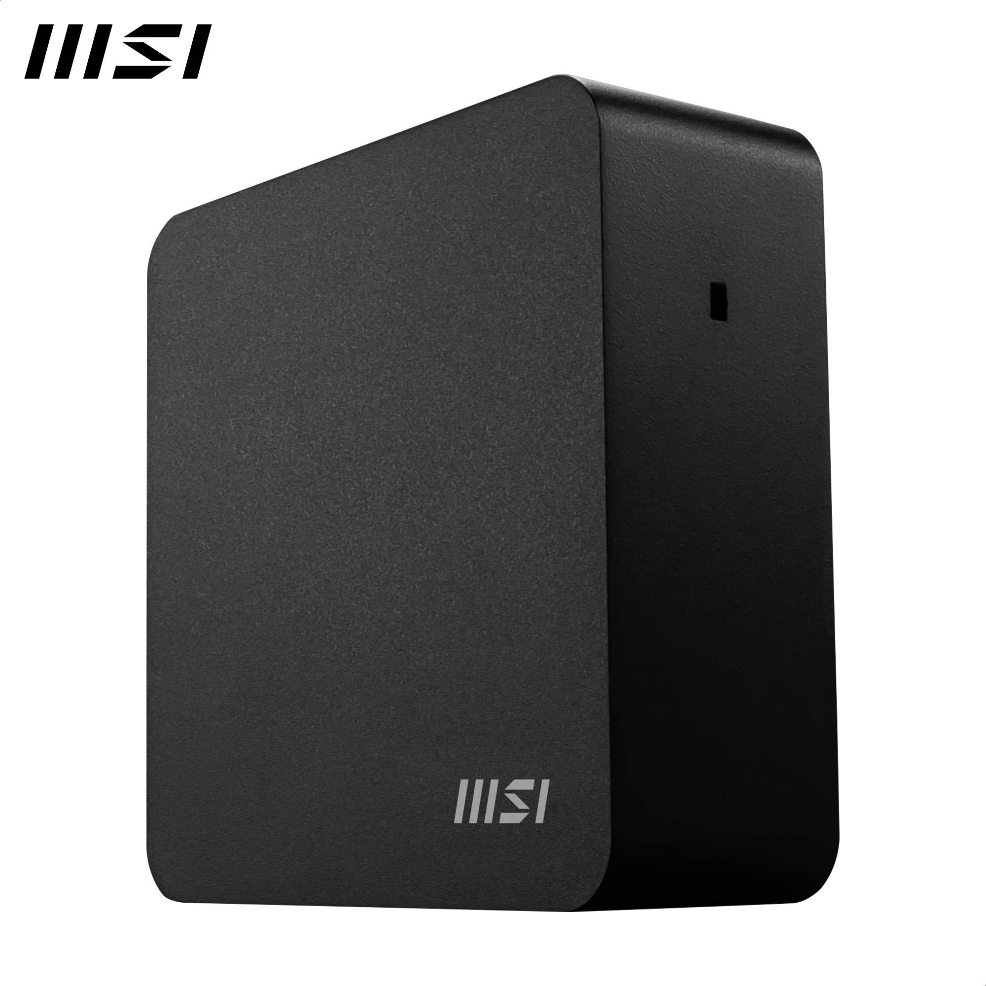 Ein rechteckiger, schwarzer Mini-PC mit dem MSI-Logo oben links. Minimalistisches Design für kompakte Desktop-Nutzung.