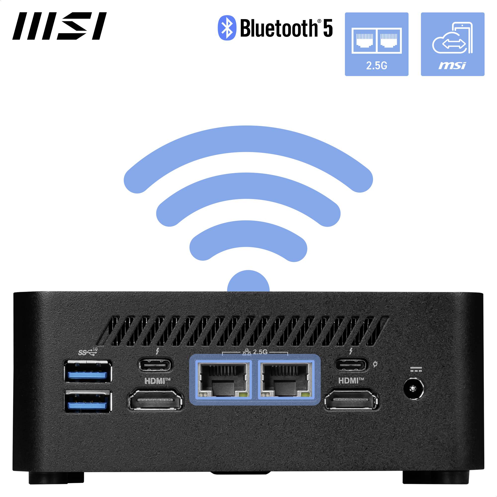 Schwarzer Mini-PC mit zwei HDMI-Anschlüssen, zwei USB-Anschlüssen, zwei Ethernet-Ports und Bluetooth 5-Unterstützung.