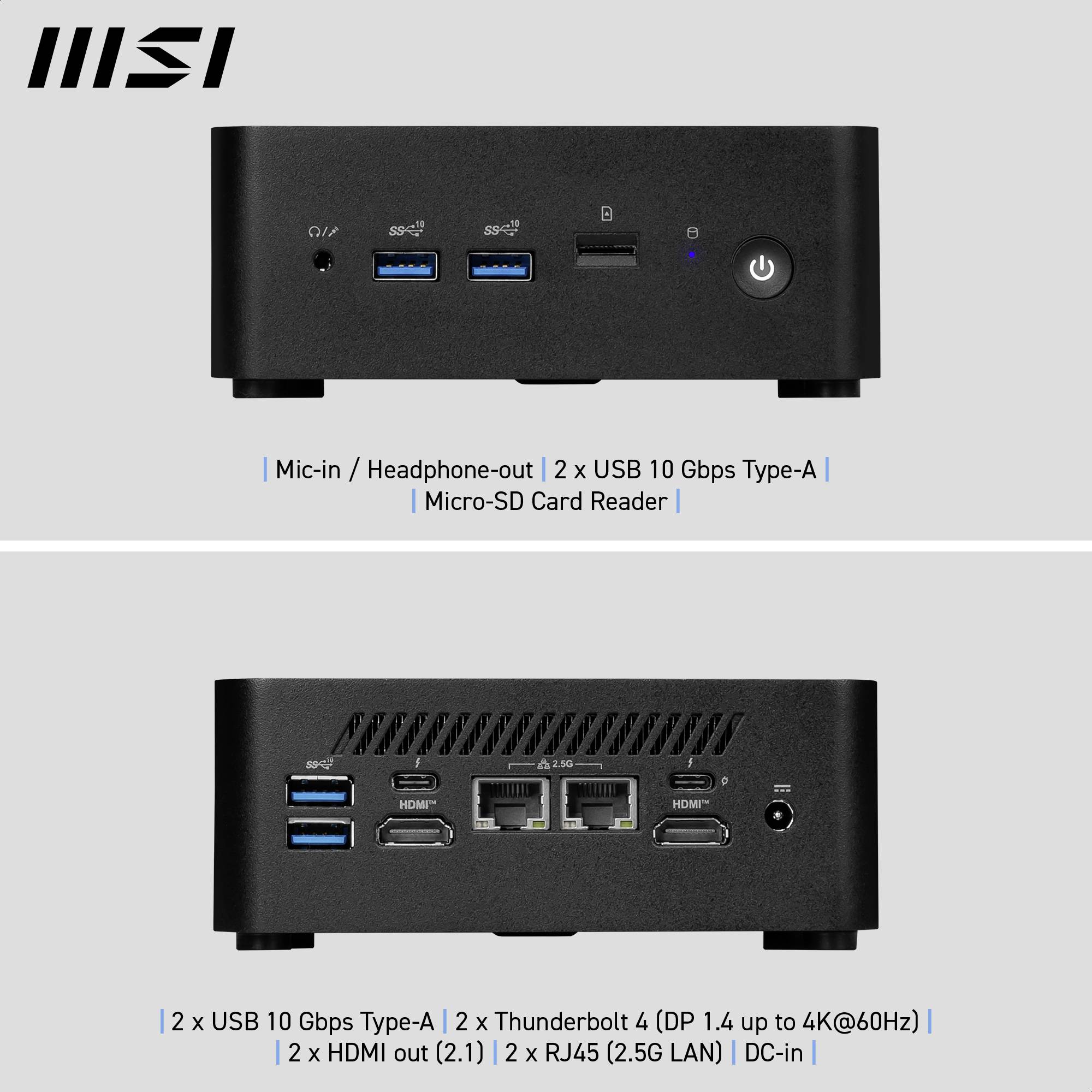 Ein schwarzer Mini-PC mit mehreren Anschlüssen: oben zwei USB-Typ-A, Mikrofon, Kopfhörer, Micro-SD; unten zwei HDMI, zwei Thunderbolt, LAN.