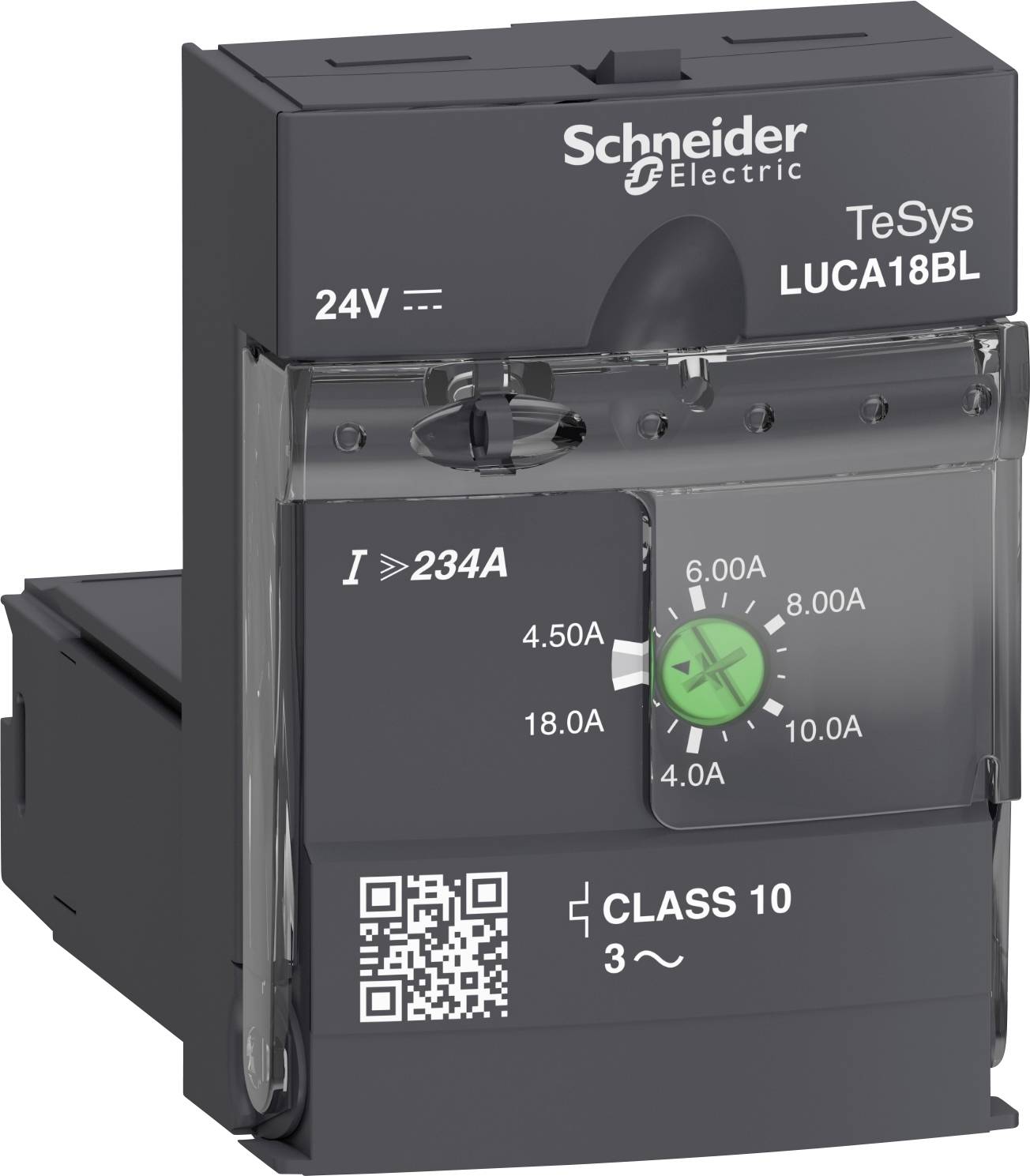 Schwarzes elektrisches Relais von Schneider Electric, Modell TeSys LUCA18BL, 24V, mit QR-Code und Stromskala von 4.0A bis 18.0A.
