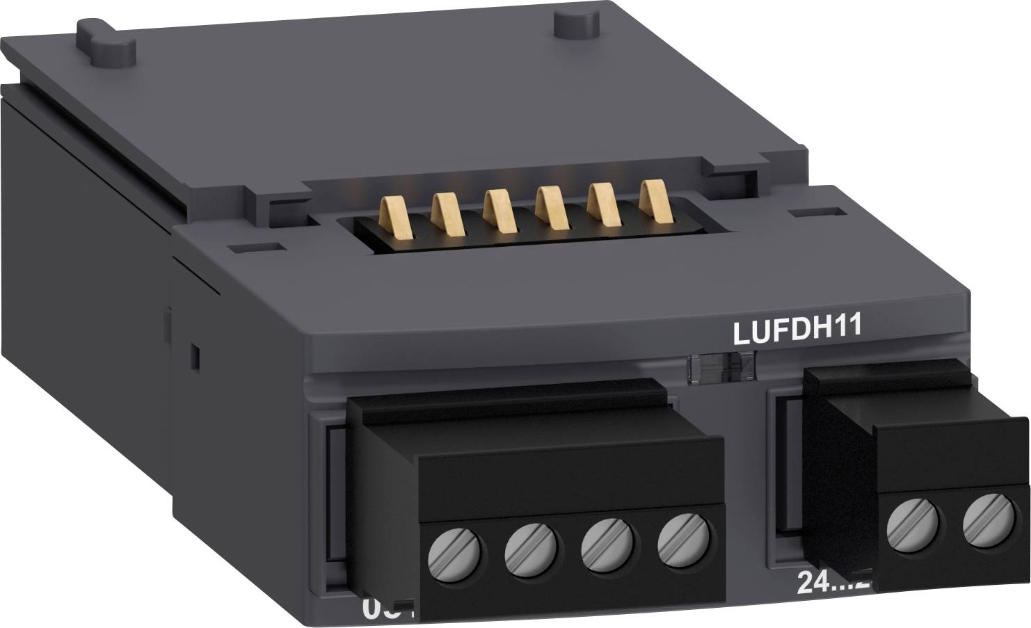 Elektrisches Bauteil in Schwarz und Grau mit der Bezeichnung 'LUFDH11', zeigt Anschlüsse und einen Steckplatz, möglicherweise für elektrische Verdrahtung oder Schalteinheit.