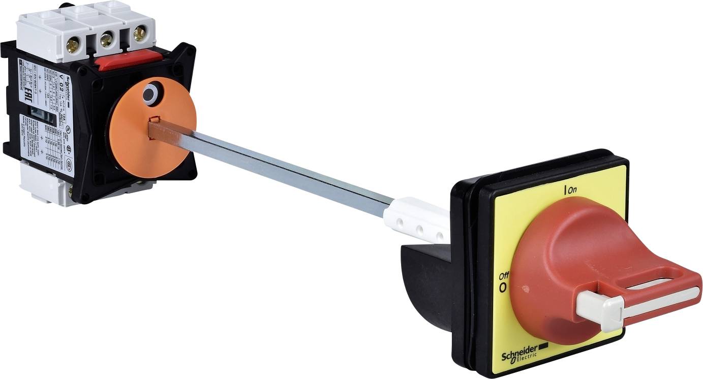 Ein orangefarbener Hauptschalterhebel mit schwarzer und gelber Befestigungsplatte zeigt auf 'Off'. Ein Verlängerungsstab verbindet ihn mit einem Schaltkasten.