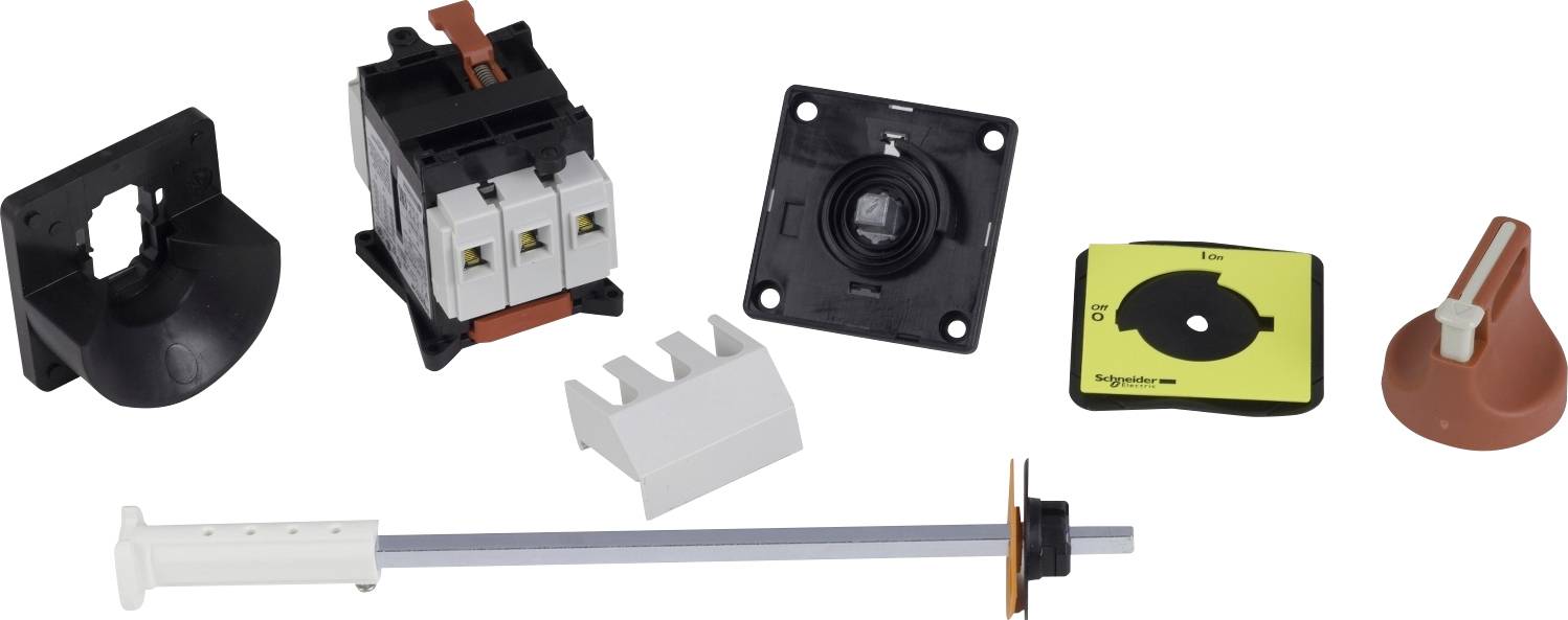 Mehrere Bauteile einer elektrischen Schalttafel auf weißem Hintergrund, darunter Schalter, Knopf, Abdeckung und Halterungen.