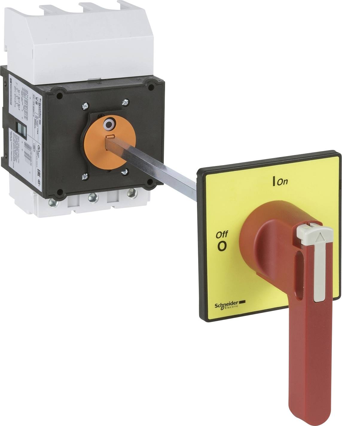 Ein Lasttrennschalter mit rotem Drehknopf zeigt zwei Positionen: 'Off' und 'On'. Er wird zur Trennung elektrischer Schaltkreise verwendet.