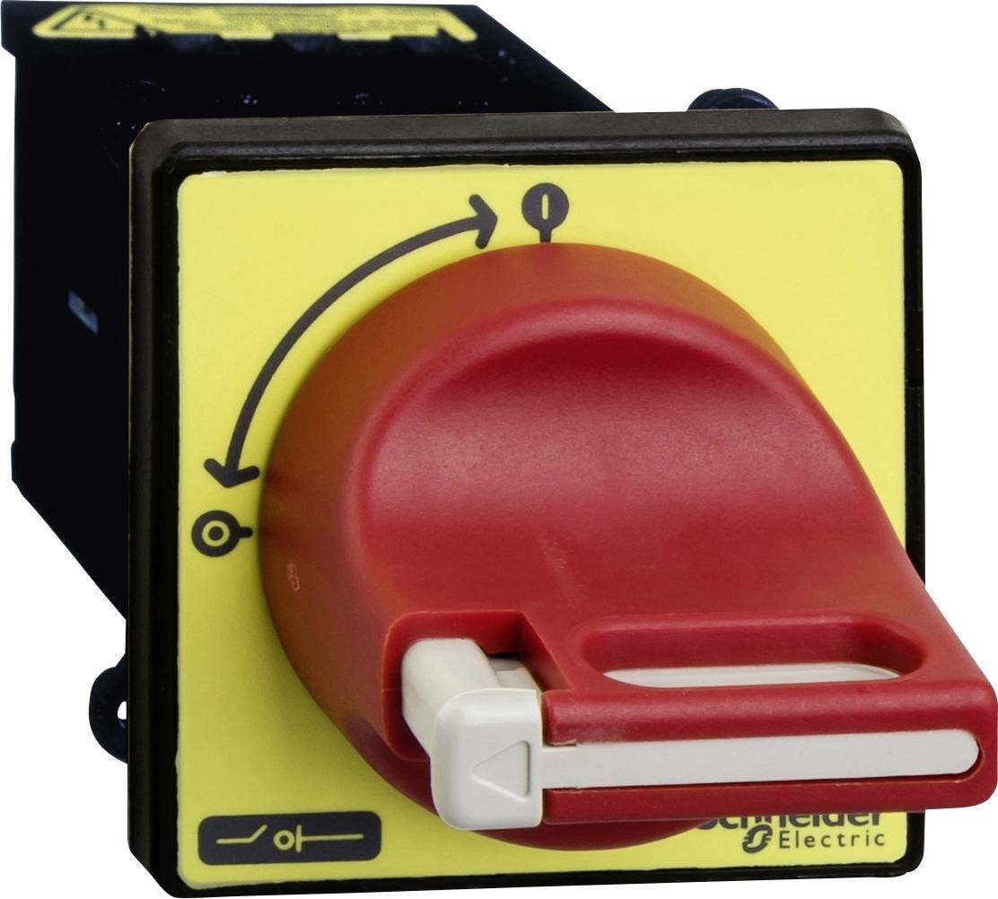 'Schneider Electric'-Schalter für Not-Aus-Funktion. Roter Drehknopf auf gelbem Hintergrund mit Beschriftung zur Aus- und Einschaltung.