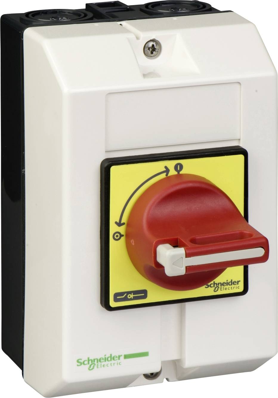 Schneider Electric Lasttrennschalter in Rot und Gelb, zeigt den Ein-Aus-Mechanismus an der Vorderseite.
