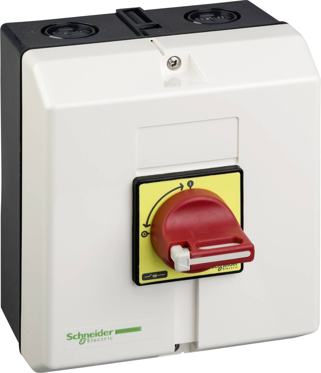 Ein roter Drehschalter auf einem weißen Gehäuse, gekennzeichnet mit 'ON' und 'OFF'. Es handelt sich um ein Produkt von Schneider Electric.