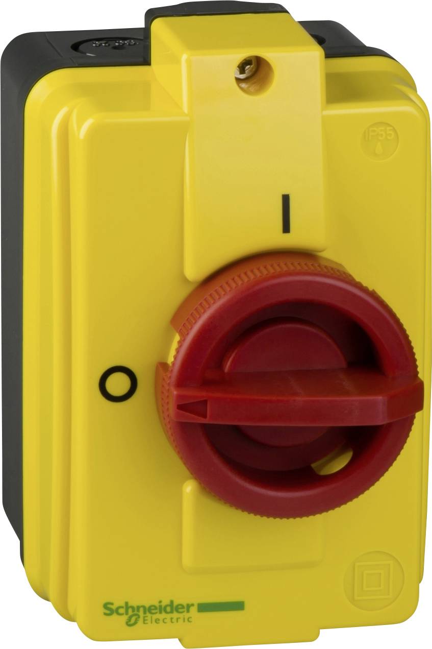 Gelber Not-Aus-Schalter mit rotem Drehgriff, der auf 'O' zeigt; oberhalb ein kleines Symbol. Herstellerlogo unten: 'Schneider Electric'.