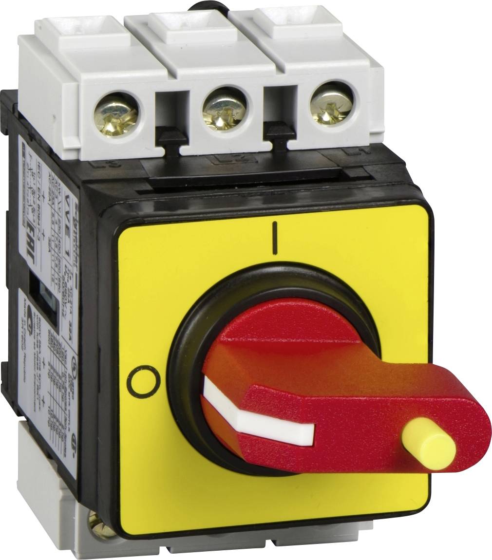 Drehschalter mit gelbem und rotem Schaltknopf in der Aus-Position, umgeben von elektrischen Anschlüssen und Gehäuse.