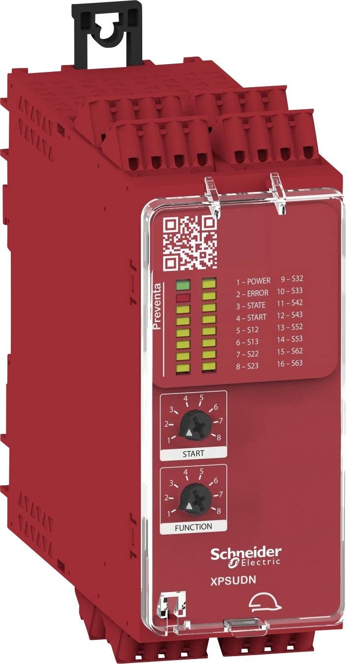 Rotes Sicherheitsschaltgerät von Schneider Electric mit LED-Anzeigen, QR-Code und Bedienelementen zur Steuerung und Fehlermeldung.
