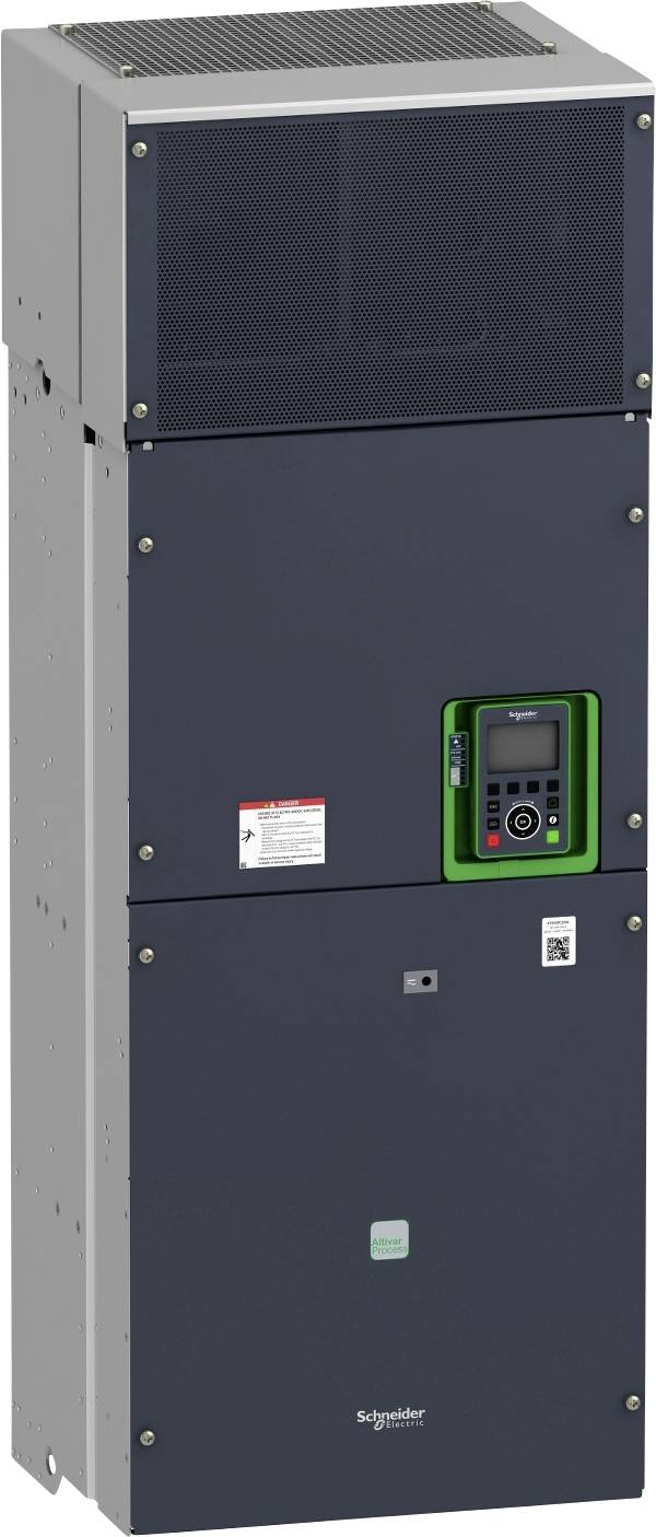 Ein dunkelgrauer elektrischer Schaltschrank mit einem digitalen Display und LED-Anzeigen, für industrielle Steuerungszwecke geeignet.