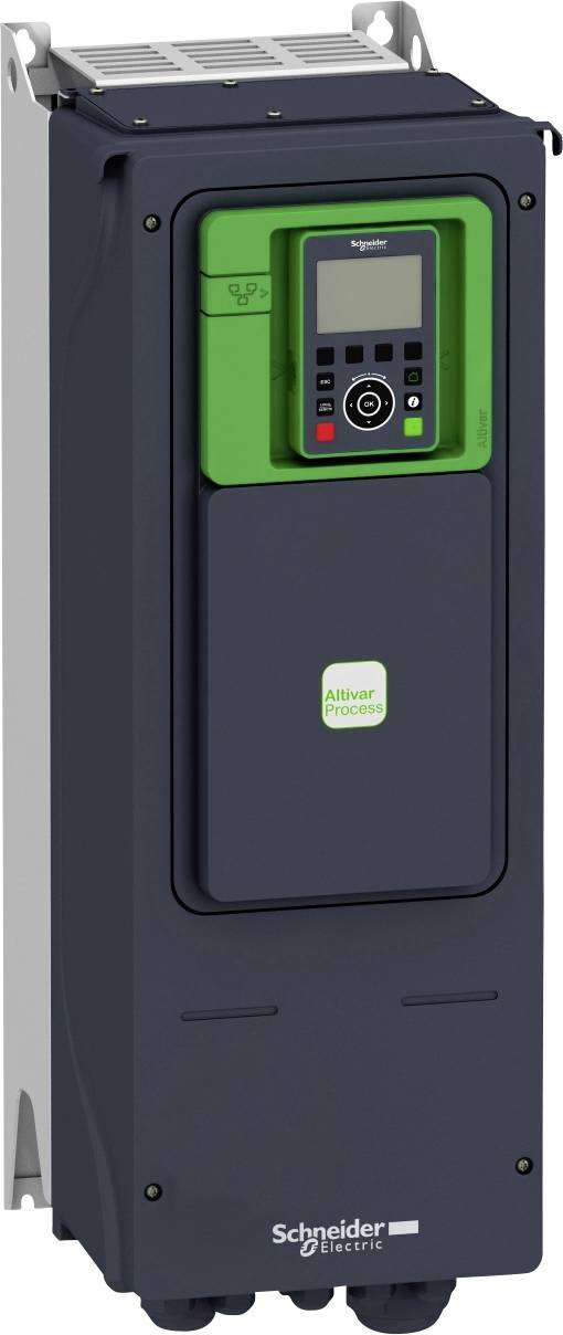 Ein industrieller Frequenzumrichter von 'Schneider Electric', Modell 'Altivar Process', in grauer Farbe mit grünem Bildschirm und Tasten.