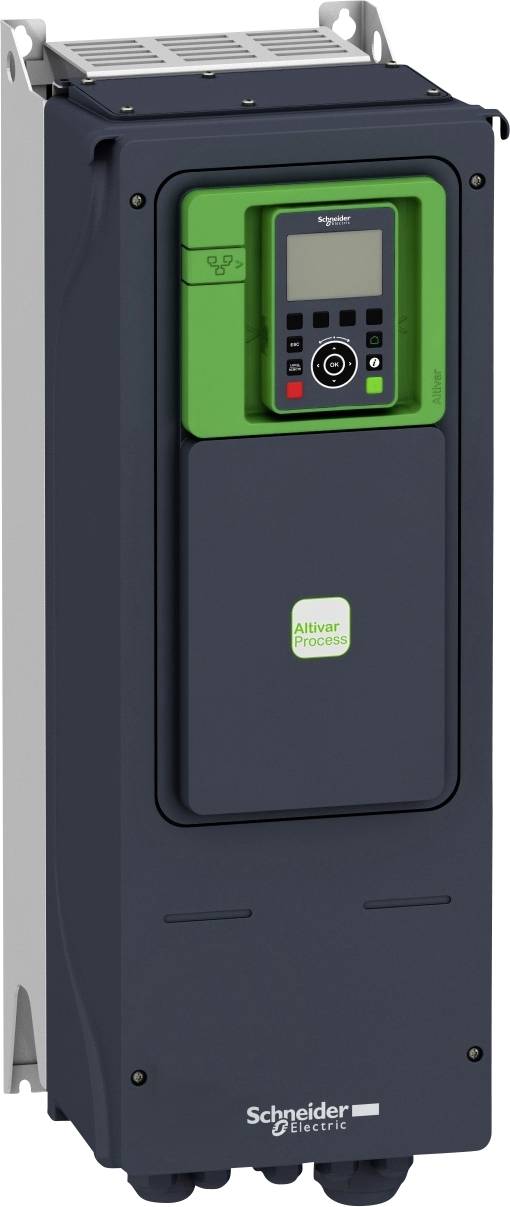 Ein Schaltschrank mit grünem Display und Steuerknöpfen, Marke 'Schneider Electric', zeigt elektrische Steuerungs- und Regeltechnik.