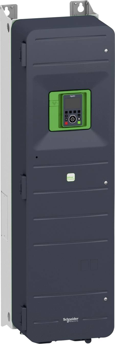Ein schwarzes, rechteckiges elektronisches Gerät mit grünem Display und mehreren Knöpfen, montiert an der Wand.