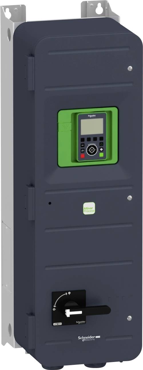 Ein graues elektrisches Bedienfeld mit digitalem Display und Kontrollknöpfen, montiert in einem robusten schwarzen Gehäuse.