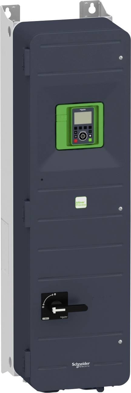 Ein elektronischer Schaltschrank mit digitalem Bedienfeld und Reglern, hergestellt von Schneider, montiert an einer Wand.