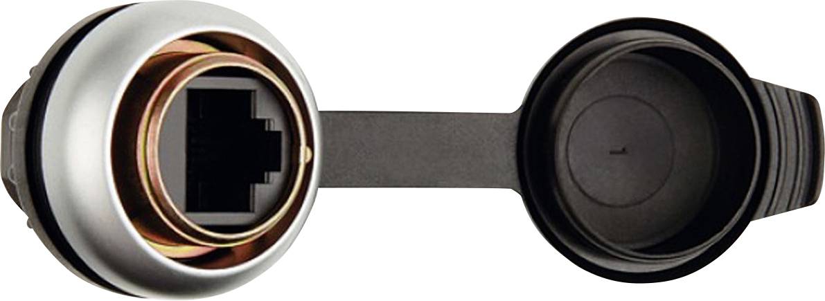 Ein Ethernet-Stecker mit abnehmbarem Schutzdeckel, der den Stecker rechts abdeckt, aus einem metallischen Material mit schwarzer Kappe.