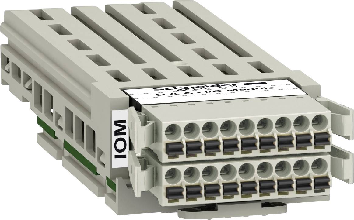 Ein graues I/O-Modul zur Steuerung von elektrischen Systemen, mit mehreren Anschlussklemmen und der Aufschrift 'IOM B & AO/AO Module'.