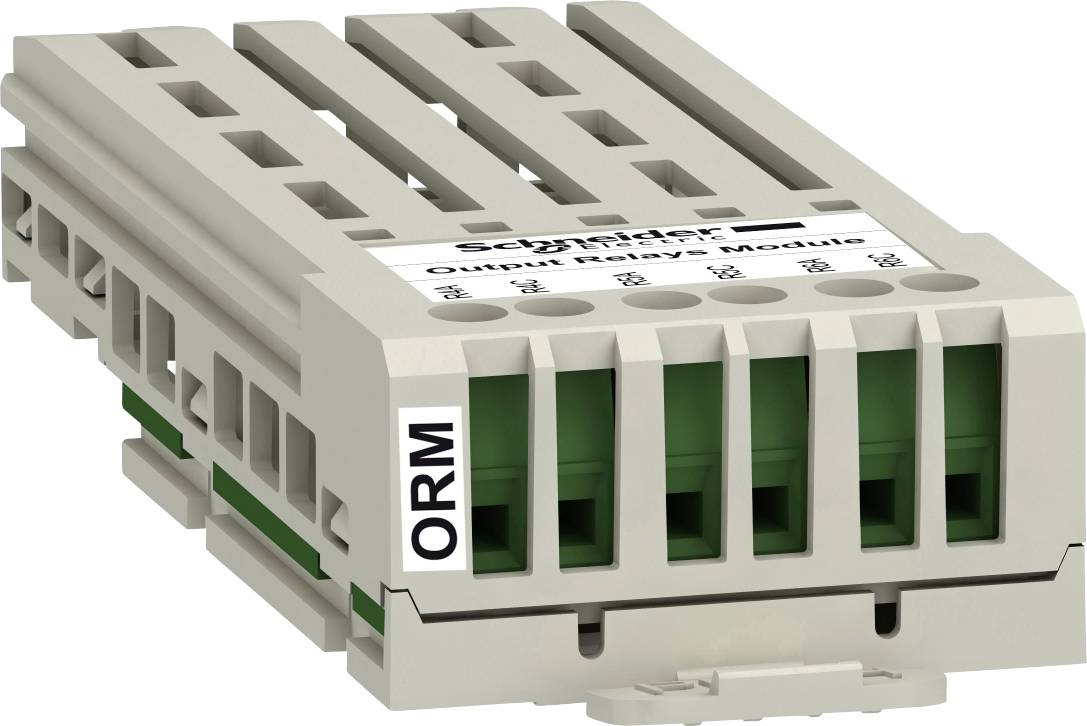 Ein weißes Ausgabemodul von Schneider Electric mit der Aufschrift 'ORM', mehrere grüne Anschlussklemmen in einer grauen Kunststoffhülle.
