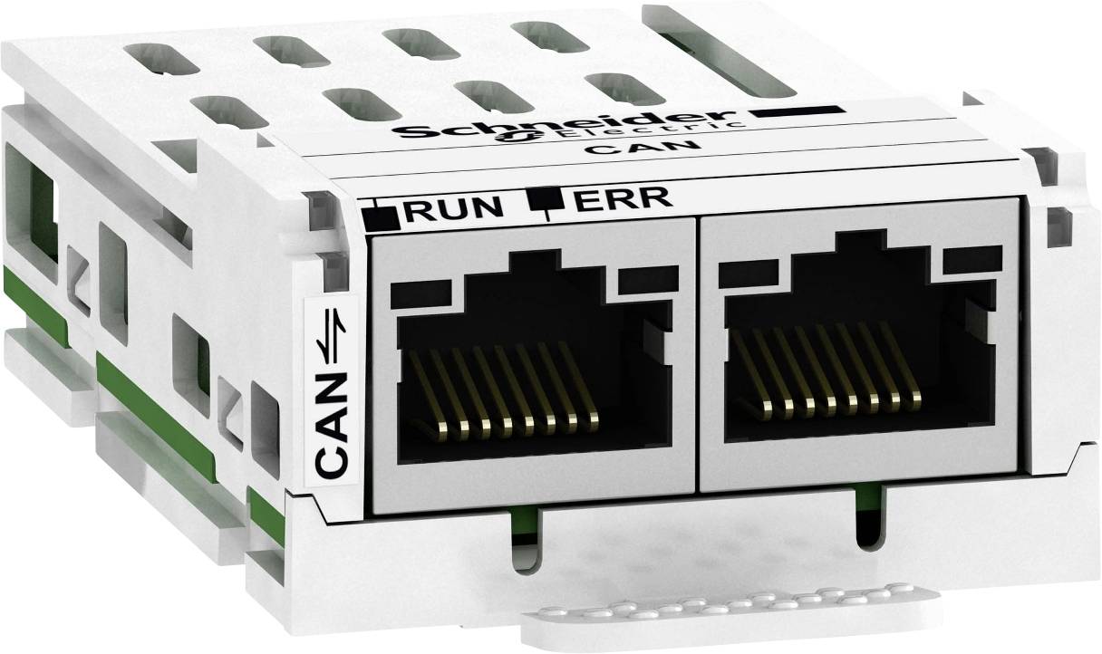Ein CAN-Kommunikationsmodul mit zwei Ethernet-Anschlüssen, beschriftet mit 'RUN' und 'ERR', zur Integration in ein Netzwerk.