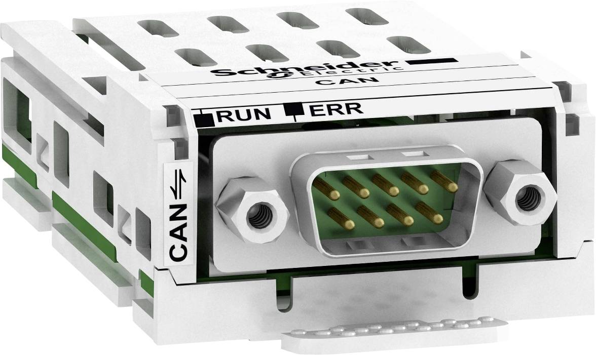 Industriekomponente mit CAN-Anschluss von Schneider Electric, erkennbar an Aufschrift 'RUN ERR', verwendet für Automatisierungssysteme.