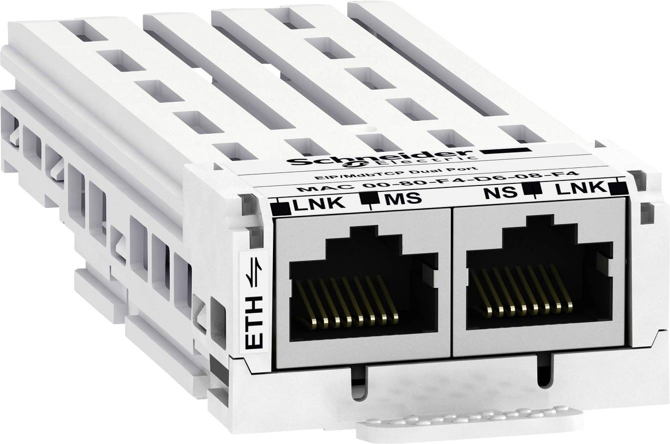 Ein Ethernet-Modul mit zwei Ports, beschriftet mit 'LNK', 'MS', und 'NS' für Netzwerkverbindungen, montiert auf einer DIN-Schiene.