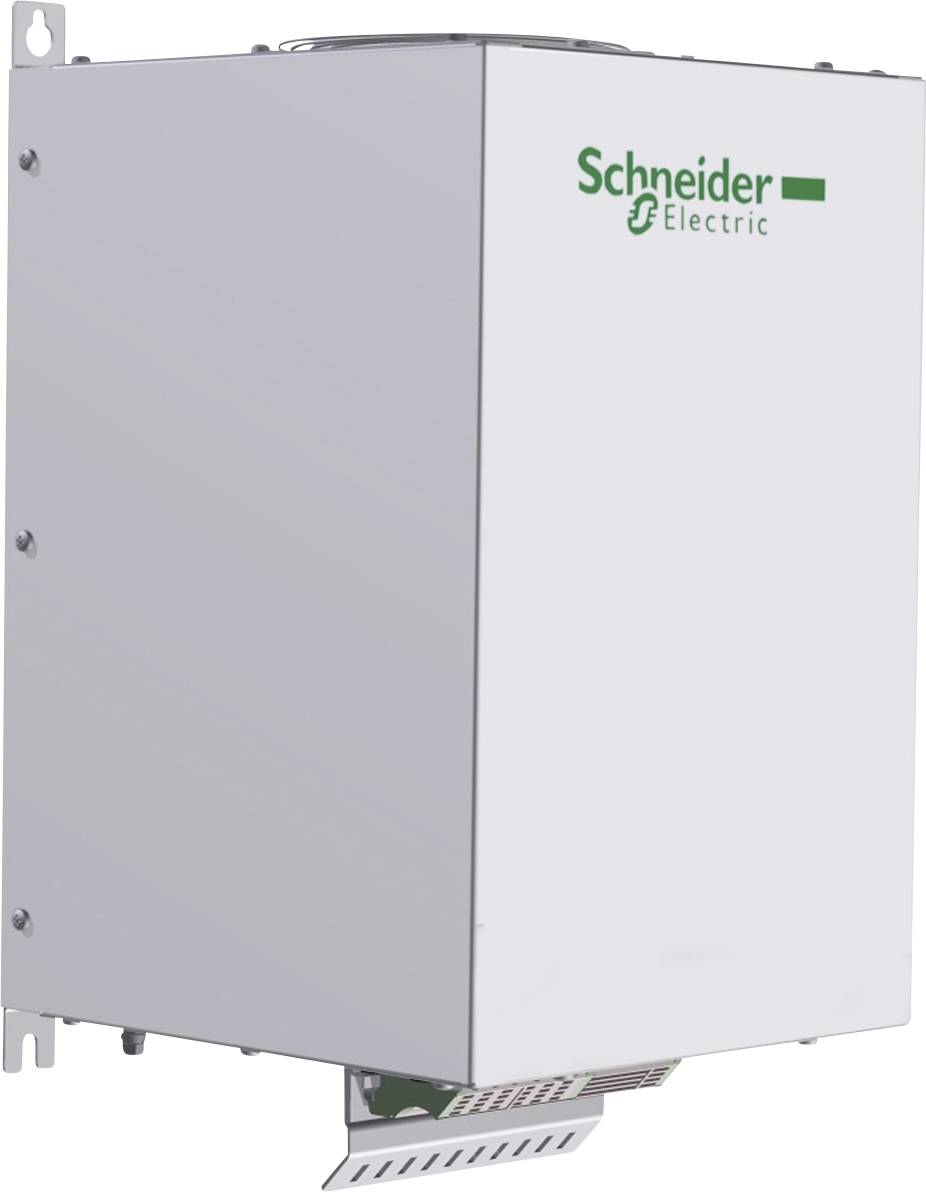 Ein rechteckiges, weißes Gerät mit grünem 'Schneider Electric'-Logo. Es scheint ein großes elektrisches Bauteil zu sein, das an der Wand montiert wird.