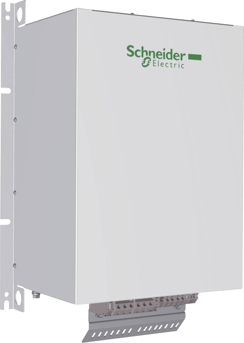 Ein weißes Wandgerät von Schneider Electric, rechteckig mit Lüftungsschlitzen unten, montiert an einer Metallhalterung.