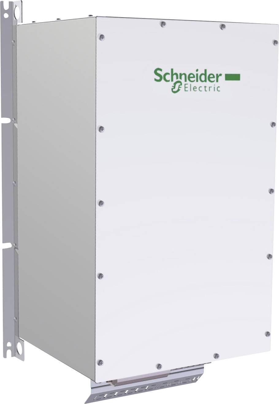 Rechteckiger elektrischer Kasten mit dem Logo von Schneider Electric auf der Vorderseite, montiert an einer Metallhalterung.