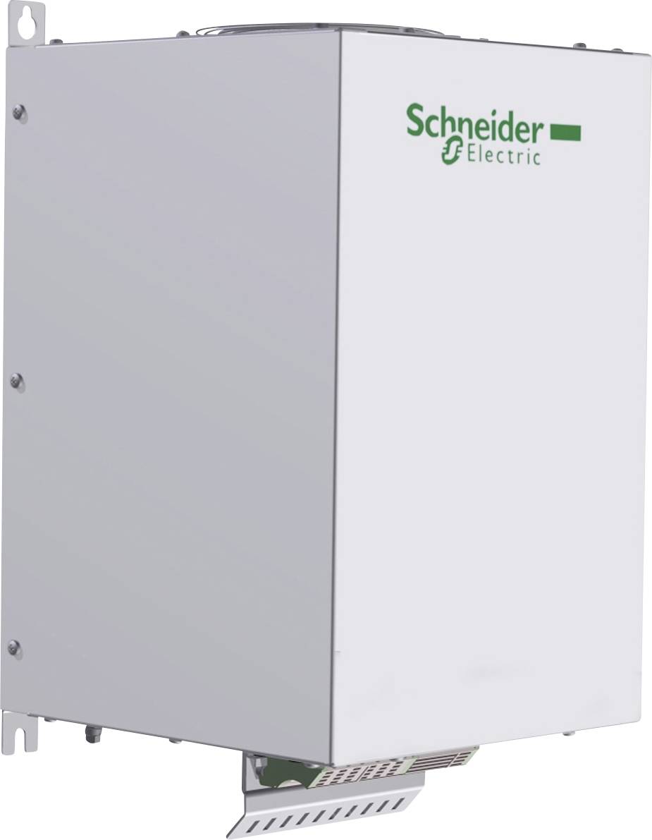 Ein weißer Schaltschrank mit dem Logo von Schneider Electric auf der Vorderseite. Er wird in elektrischen Anlagen verwendet.