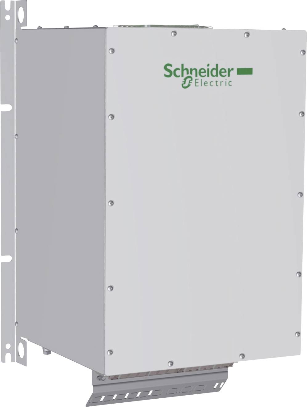 Ein weißes, rechteckiges Gerät von Schneider Electric, an einer Wand montiert.