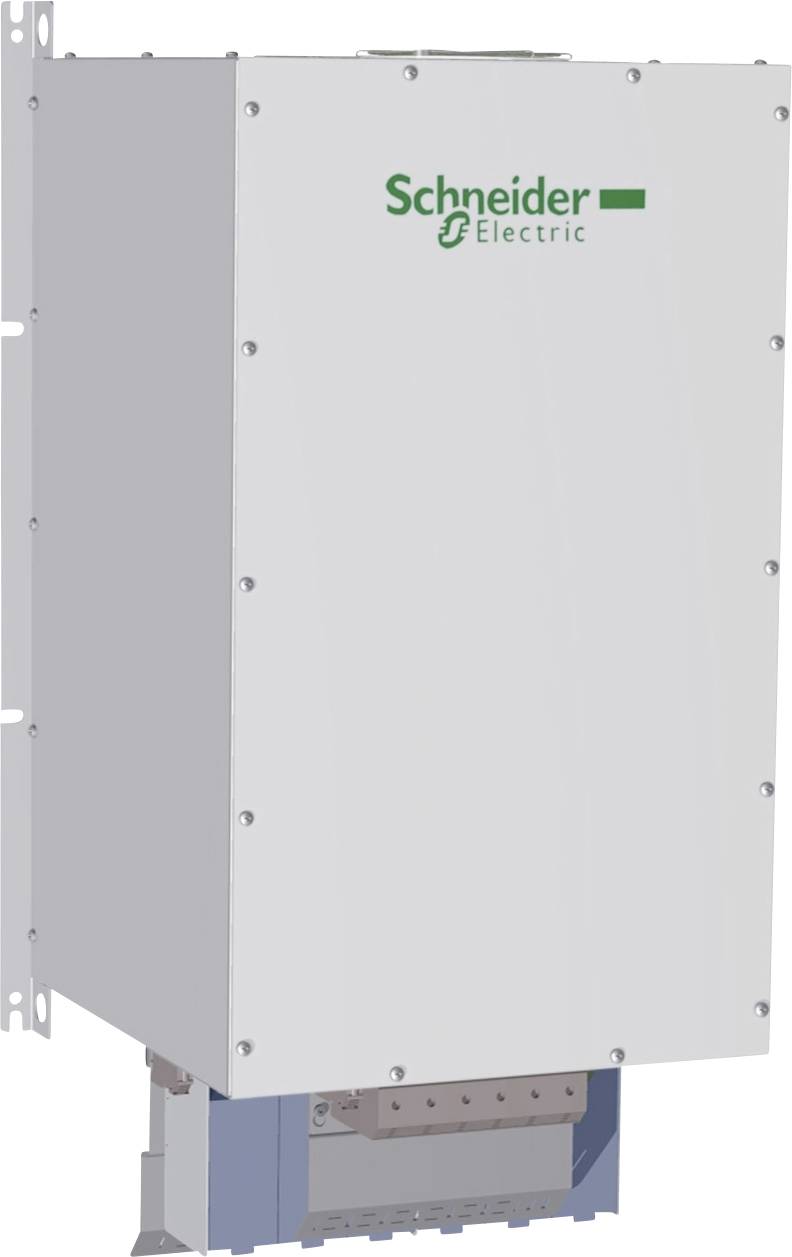 Ein weißes, rechteckiges elektrisches Gerät mit dem Logo von 'Schneider Electric' in grüner Farbe auf der oberen Vorderseite.