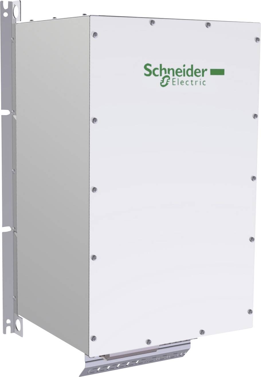 Weiße elektrische Schaltanlage von Schneider Electric, rechteckig mit mehreren Schrauben entlang der Kanten, seitliche Metallhalterung.