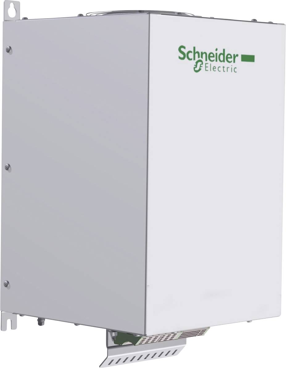 Ein weißes elektrisches Gerät mit dem grünen Logo von 'Schneider Electric', an einer Wand montiert.