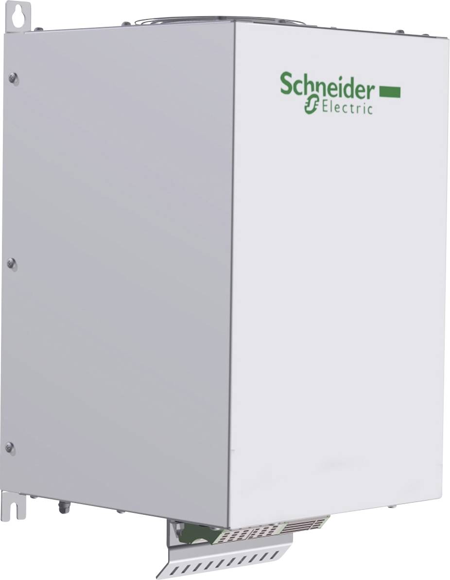 Ein weißes Gehäuse mit dem Grünen Logo text 'Schneider Electric', Bestandteil eines elektrischen Systems, an der Wand montiert.