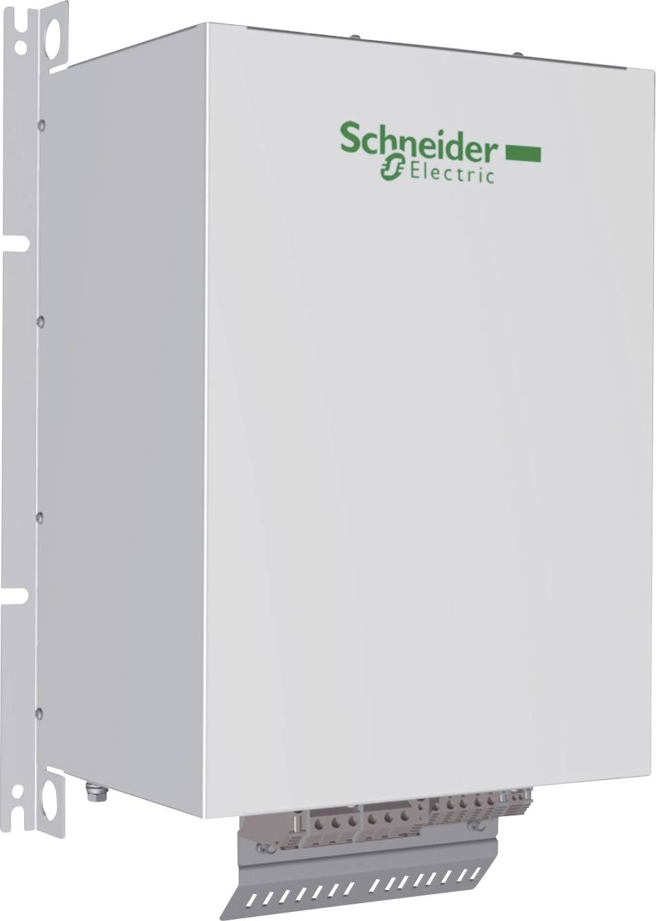 Ein weißes Schaltschrankgerät mit grünem 'Schneider Electric'-Logo, montiert an einer Wandhalterung und unten mit Anschlussklemmen.