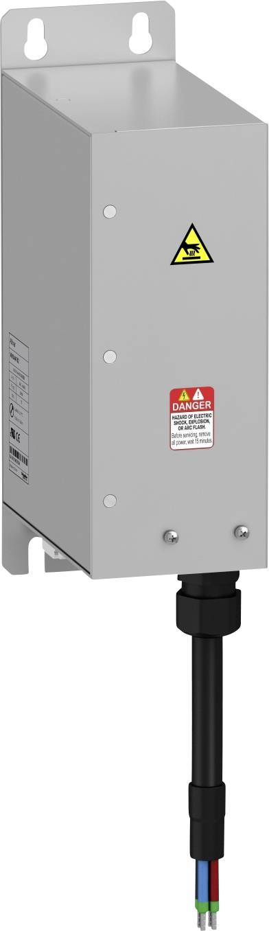 Grau-weißer elektrischer Kasten mit Warnschildern. Oben ein Symbol für Hochspannung, darunter ein rotes Schild mit 'Danger' und Anweisungen. Kabel unten angeschlossen.