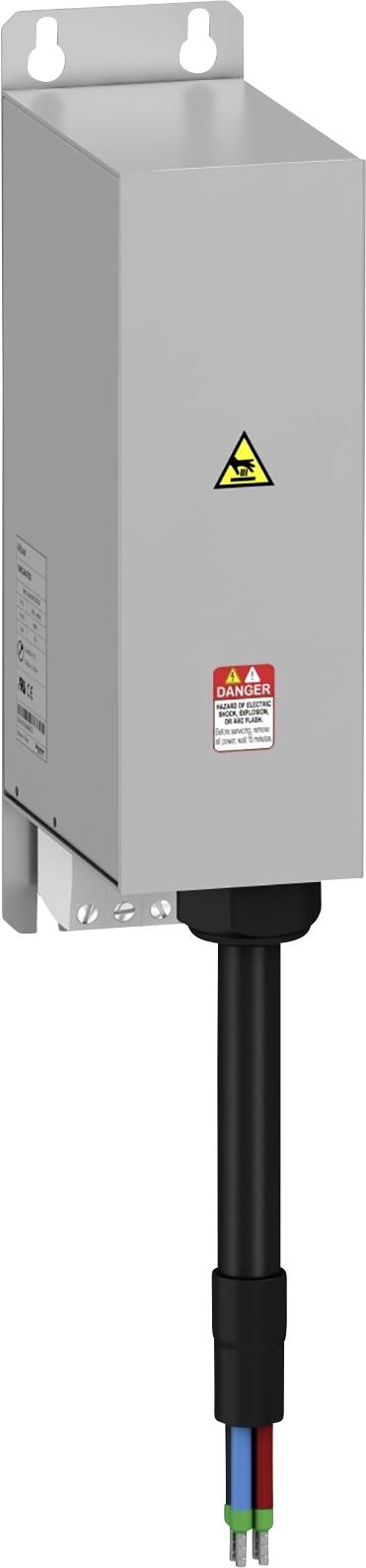 Graues elektrisches Gerät an der Wand montiert, mit einem schwarzen Kabel, das von unten herausragt. Zwei Warnschilder sind sichtbar.