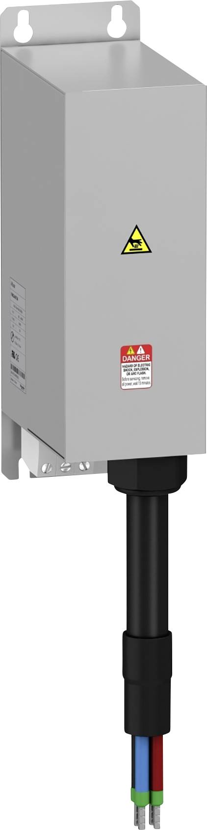 Grauer elektrischer Stecker mit rotem Warnhinweis und Sicherheitszeichen, an dem drei farbige Kabel befestigt sind: rot, blau und grün.