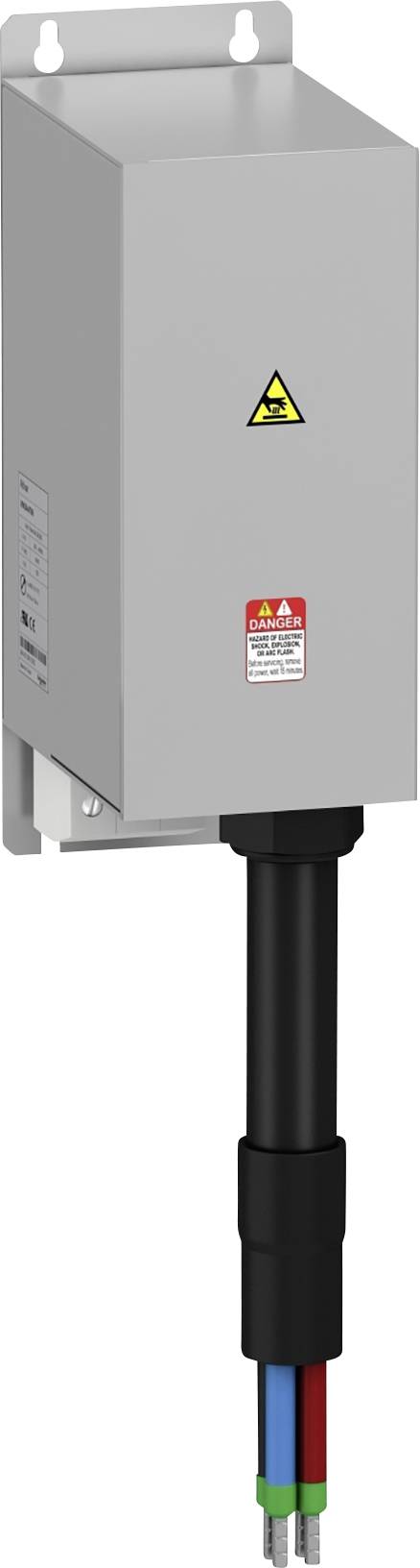 Metallisches Gehäuse mit Warnsymbol für elektrische Spannung, Kabelanschlüsse unten.