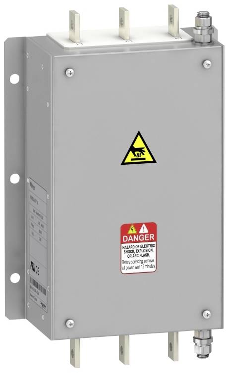 Graues elektrisches Gehäuse mit Warnsymbolen und Beschriftungen. Es hat Anschlüsse oben und an der Seite.