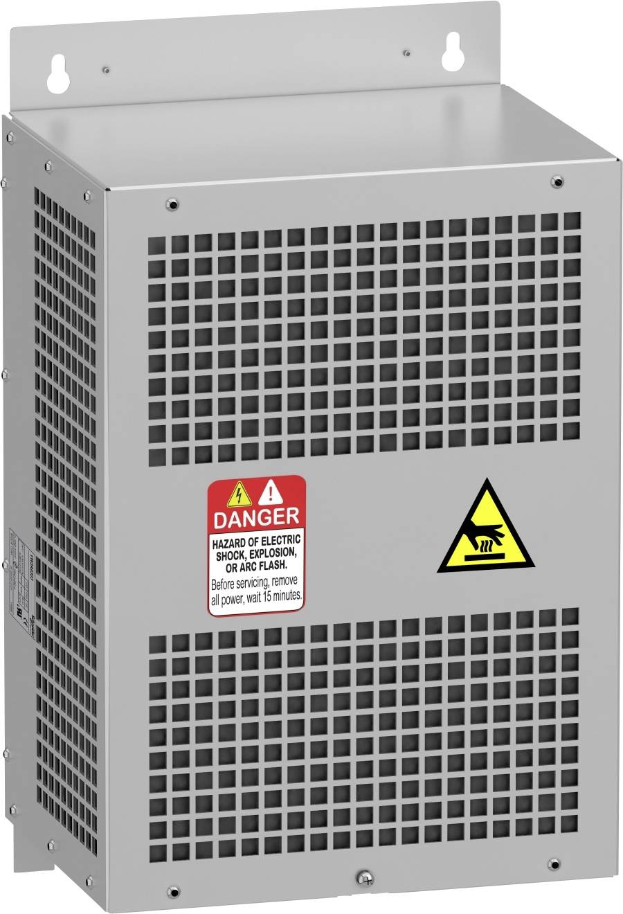 Metallisches Kühlgerät mit Gitter-Design, Warnaufklebern für elektrische Gefahr und Werkzeuge. Wandhalterung an der Oberseite.
