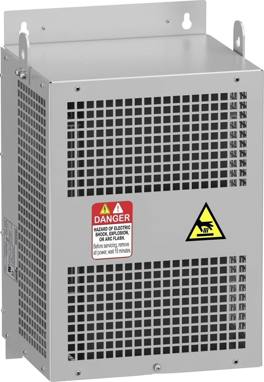 Graues elektrisches Gehäuse mit Warnaufklebern. 'Danger' und Elektrizitätssymbol weisen auf mögliche elektrische Gefahren hin.