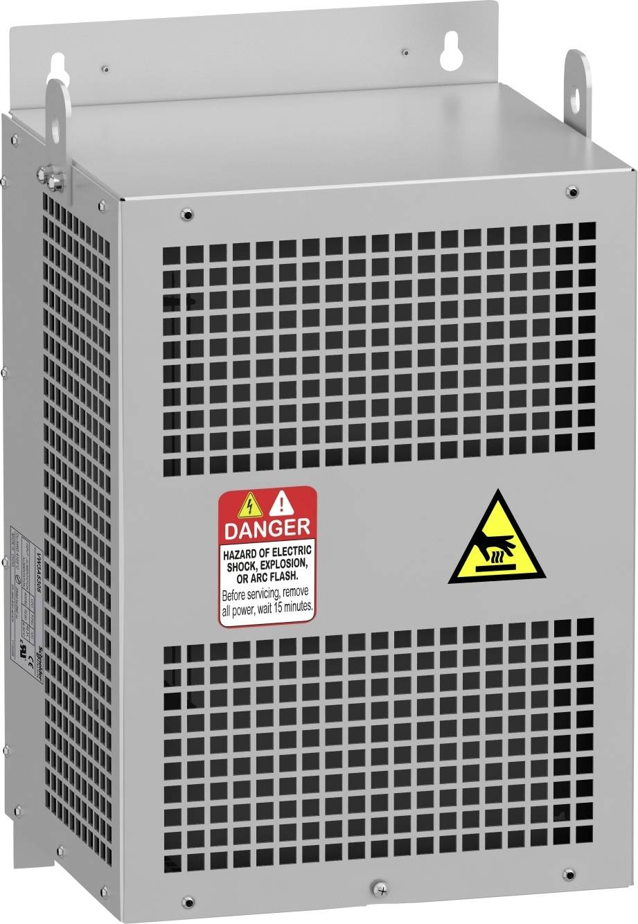Grau lackierten Sicherungskasten mit Gitter und Warnaufklebern, die vor elektrischen Gefahren und Stromschlägen warnen.