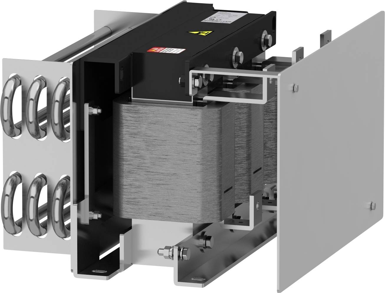 Ein offenes Gehäuse mit einem Transformator-Einsatz, mehreren Anschlüssen und einer Abdeckung zeigt technische Details und Bauweise.