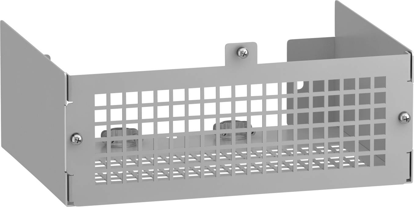 Metallhalterung mit Gitterstruktur, rechteckige Form, graue Farbe, geeignet zur Befestigung oder Sicherung von elektronischen Bauteilen.