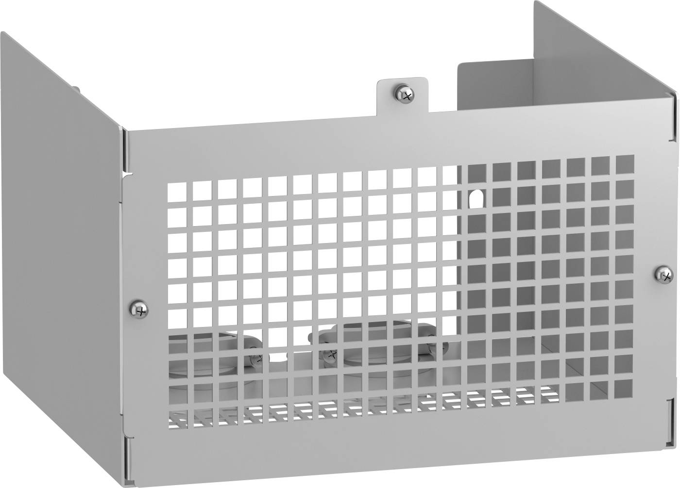 Ein rechteckiger Metallkäfig mit Gitterstruktur, enthalten zwei versenkte Schalterknöpfe. Geeignet für Schutz oder Abdeckung von Geräten.