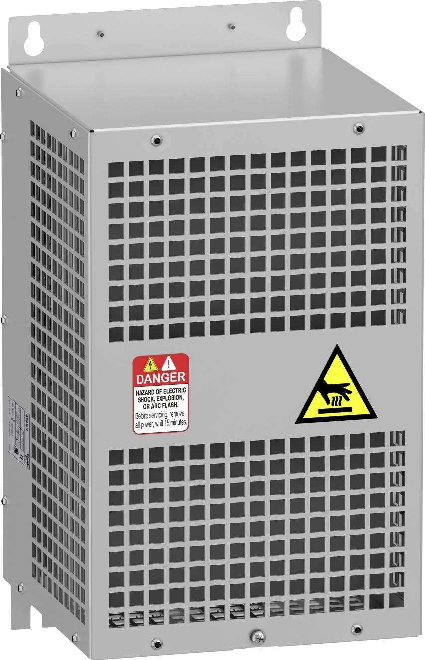 Ein rechteckiges Metallgehäuse mit Lüftungsschlitzen und Warnhinweisen für elektrische Spannung.