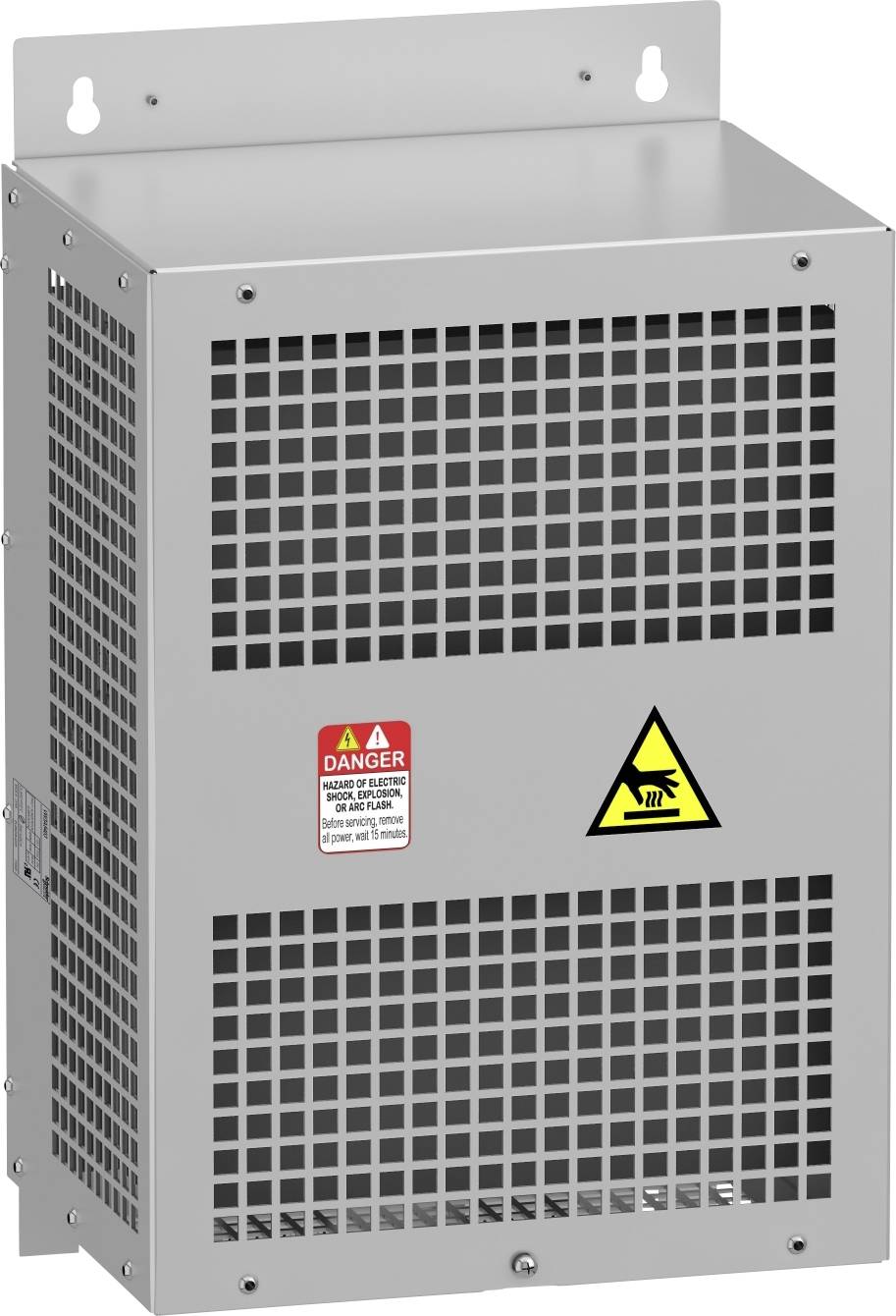 Metallgehäuse mit Lüftungsgittern und Warnsymbolen. Enthält ein 'Achtung' Schild und ein elektrisches Warnzeichen.